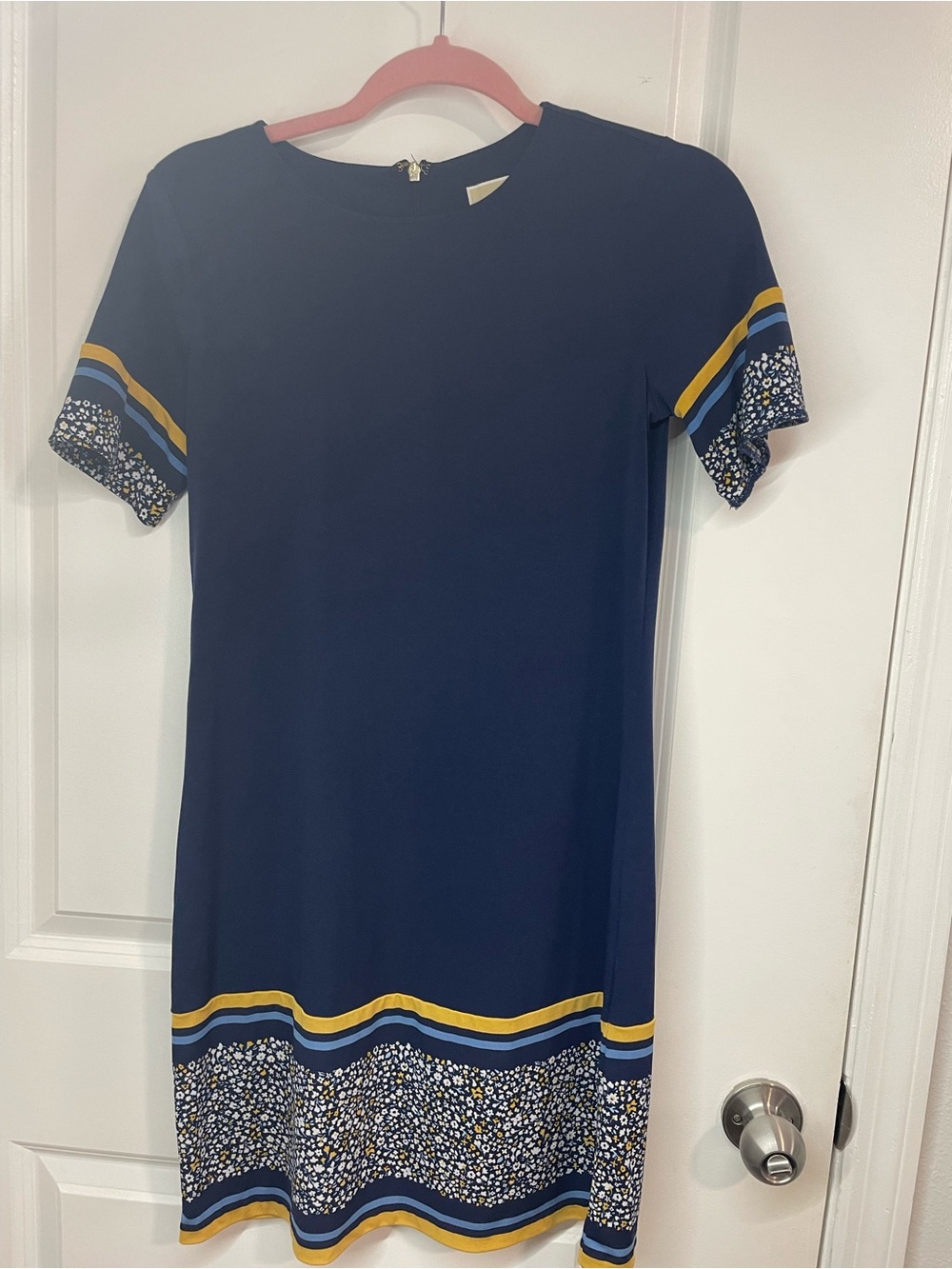 Michael Kors Navy Floral Border Print Shift Dress XS Blue Yellow Short Sleeve